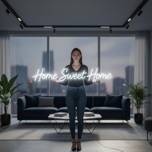 Pu&ograve; includere: Un'insegna al neon bianca con la scritta "Home Sweet Home" viene tenuta in alto. L'insegna &egrave; in un carattere corsivo ed &egrave; illuminata. La persona che tiene l'insegna indossa un top nero e jeans blu. Lo sfondo include un divano, piante e uno skyline.