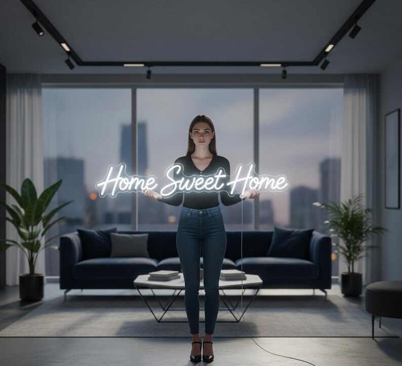 Pu&ograve; includere: Un'insegna al neon bianca con la scritta "Home Sweet Home" viene tenuta in alto. L'insegna &egrave; in un carattere corsivo ed &egrave; illuminata. La persona che tiene l'insegna indossa un top nero e jeans blu. Lo sfondo include un divano, piante e uno skyline.