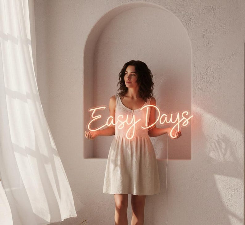 Pu&ograve; includere: Una donna in un vestito chiaro tiene in mano un'insegna al neon con la scritta "Easy Days". L'insegna si illumina con una luce calda e invitante. Lo sfondo presenta un'alcova ad arco e una finestra con tende trasparenti.