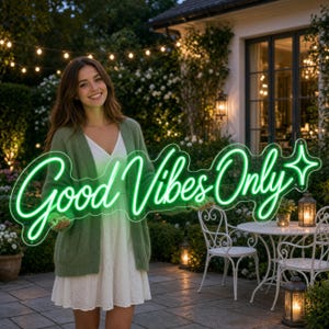 May include: A bright green neon sign featuring the text Good Vibes Only in a cursive script font, accented with a four-pointed star shape on the right side. The sign is constructed with a clear acrylic backing and emits a vibrant green glow.