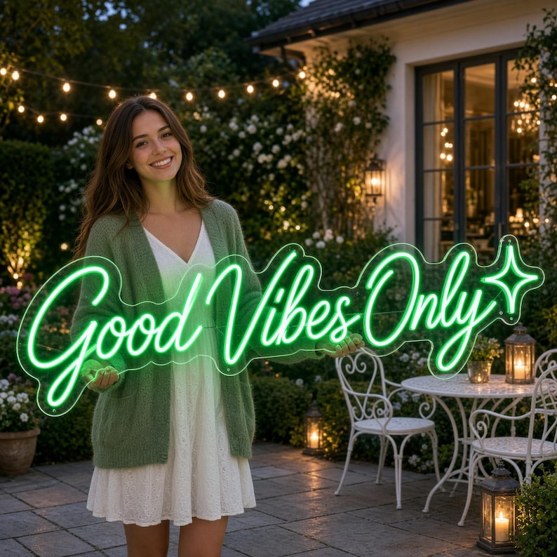 May include: A bright green neon sign featuring the text Good Vibes Only in a cursive script font, accented with a four-pointed star shape on the right side. The sign is constructed with a clear acrylic backing and emits a vibrant green glow.