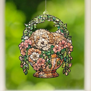 Cockapoo Suncatcher, Sleeping Cockapoo Flower Pot Window Hanging, Stained Glass Style, Dog Lover Gift, Pet Memorial Decor, Cavapoo Gift