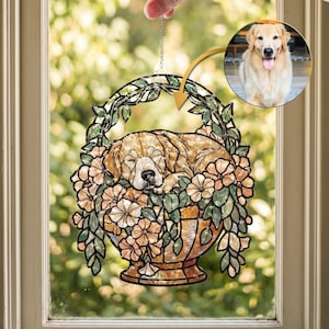 Custom Pet Photo Suncatcher, Personalized Dog Cat Portrait Stained Glass Window Hanger, Pet Memorial Gift, Sleeping Pet Flower Pot Art