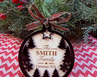 Personalized Family Christmas Ornament, Engraved Wood Forest Ornament