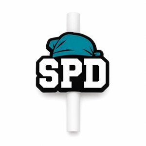 May include: A white straw topper featuring a teal beanie cap positioned above the bold white letters SPD, which are set against a black background. The design is centered on a vertical white cylindrical straw component for drinkware accessories.