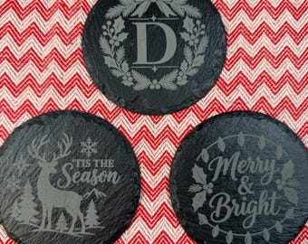 Christmas Slate Coasters, Set of 4 | Engraved Holiday Designs