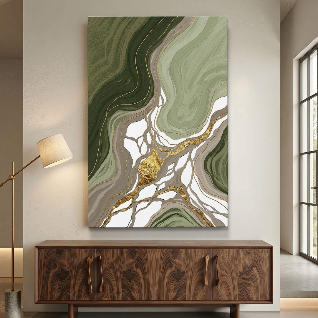 Sage Green Abstract Wall Art, Canvas Print, Gold Leaf Geode Decor ...