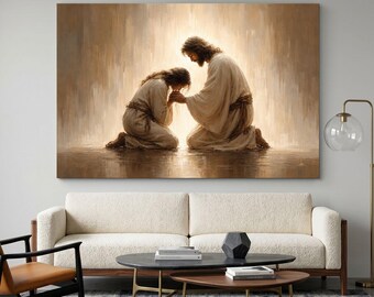 Jesus Praying Canvas Print, Religious Wall Art, Christian Home Decor, Minimalist Spiritual Artwork, Serene Faith Gift, Neutral Tones Art