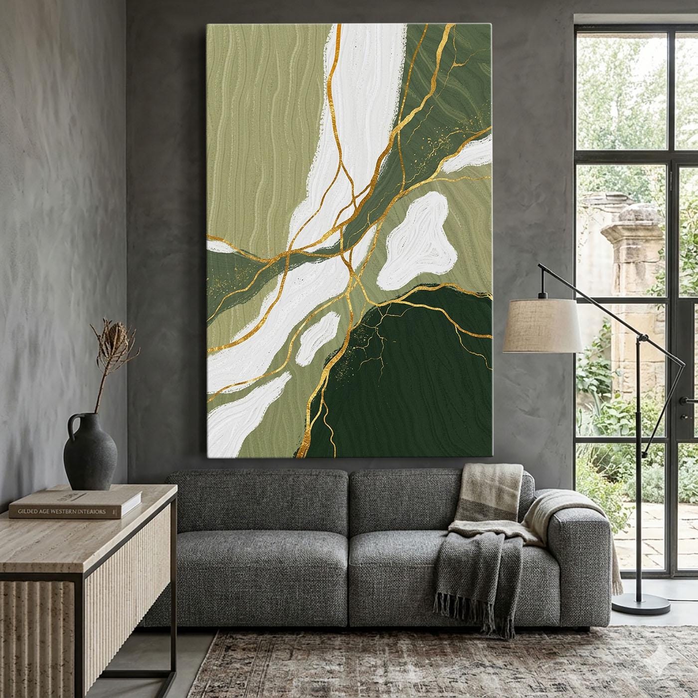 Sage Green Gold Abstract Canvas Print, Large Olive Green Wall Art ...