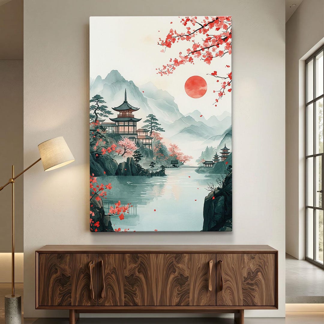 Japanese Landscape Canvas Print, Cherry Blossom Wall Art, Zen Mountain ...