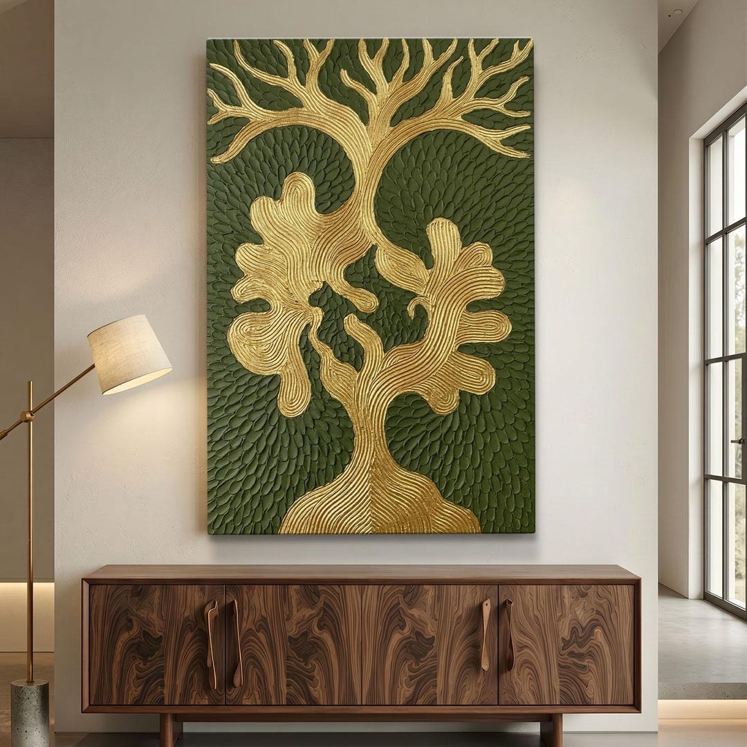 Gold Tree of Life Wall Art Canvas Print, Green and Gold Textured Nature ...