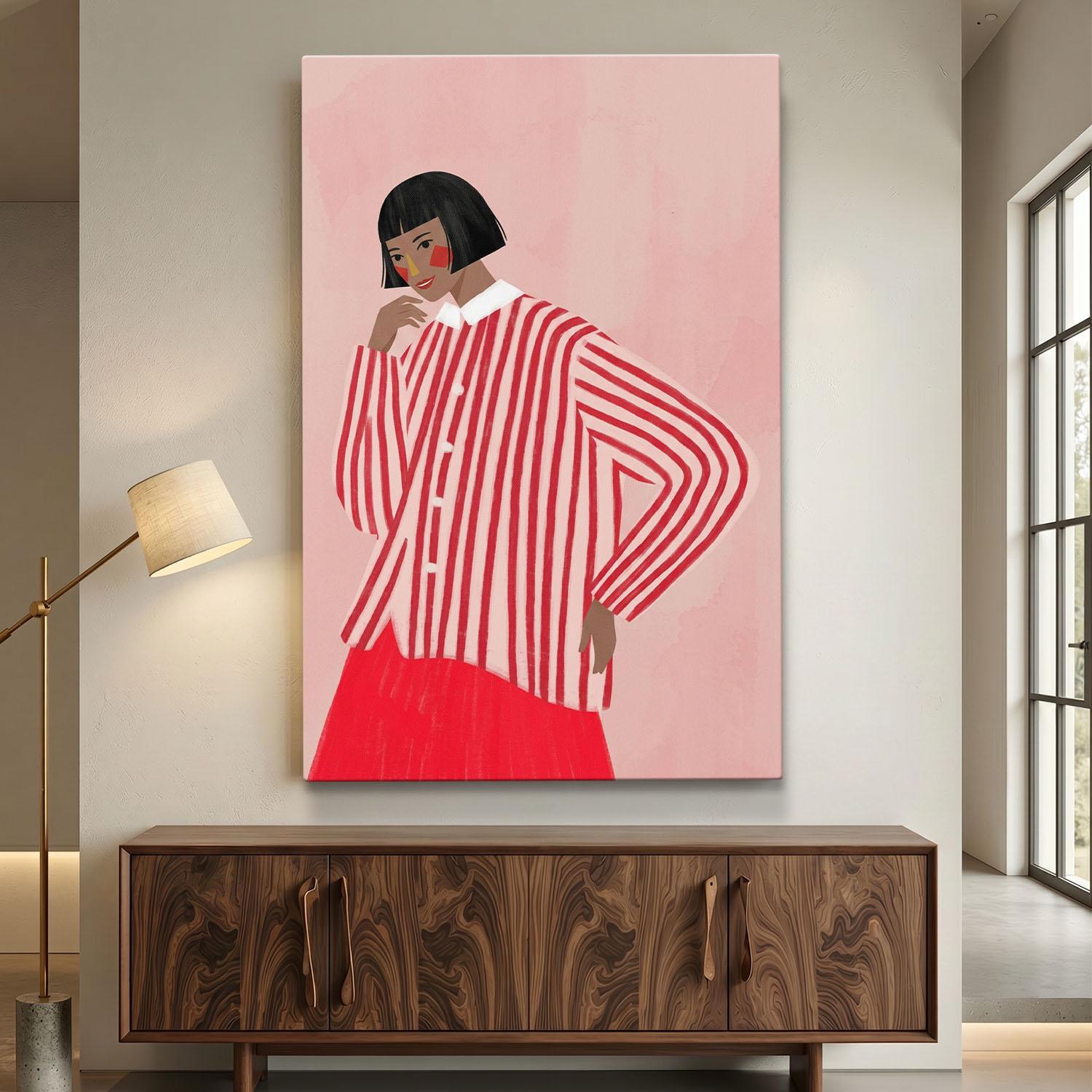 Modern Woman Wall Art Canvas Print, Fashion Illustration, Red Striped ...
