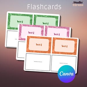 Op de afbeelding: Flashcards met kleurrijke ontwerpen. Elke kaart bevat het woord "Word" in een rechthoekige doos, met ruimte voor een uitleg. De kaarten hebben groene, roze en oranje decoratieve randen. Het Canva-logo staat rechtsonder.