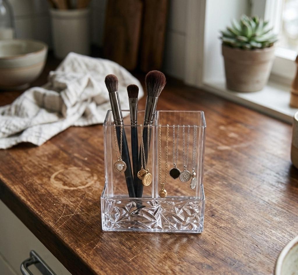 Clear PET Pen Holder 3-Compartment Desk Organizer Shatter-Resistant Acrylic Alternative Office, Home, School & Makeup Storage