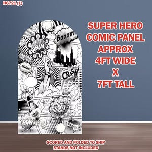 May include: A black and white comic panel with superhero theme. The panel is approximately 4 feet wide and 7 feet tall. It features comic book sound effects like "WHAM!" and "BOOM!" and a cityscape silhouette.