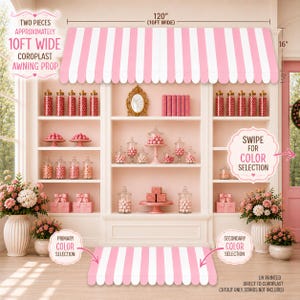 May include: A two-piece coroplast awning prop measuring 120 inches wide and 16 inches high, featuring a pink and white striped pattern. The prop is displayed above a shelving unit filled with jars of pink candies, floral arrangements, and gift boxes.