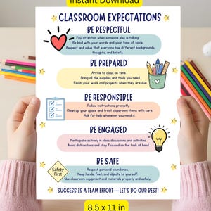 May include: A white classroom expectations poster measuring 8.5 by 11 inches with colourful sections. It lists rules: Be Respectful, Be Prepared, Be Responsible, Be Engaged, and Be Safe, featuring icons like a heart, pencil cup, checklist, and lightbulb.