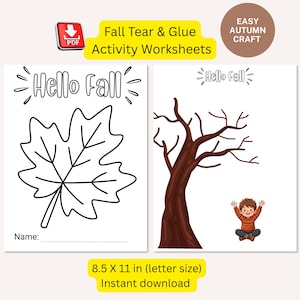Può includere: Due fogli di attività stampabili da 21,59 x 27,94 cm intitolati Fall Tear & Glue Activity Worksheets. Un foglio presenta il contorno di una foglia d'acero e il testo Hello Fall. L'altro mostra un albero marrone e l'illustrazione di un bambino.