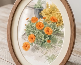 Orange Floral Art, Botanical Printable Wall Decor, Watercolor Flower Digital Download, Cottage Nature Poster
