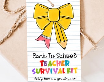 Back to School Teacher Survival Kit Tag Printable, Teacher Appreciation Tag, First Day of School Pencil Bow Label, Teacher Welcome Gift