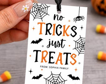 Halloween Gift Tags Printable, No Tricks Just Treats Tag, Halloween Treat Bag Tags, Halloween Party Classroom Treat Tags, Instant Download