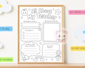 Alles über mein Lehrer Arbeitsblatt | Geschenk für Lehrer | Malvorlage Aktivität | Füllen Sie das leere Andenken | Kinder Klassenzimmer druckbar