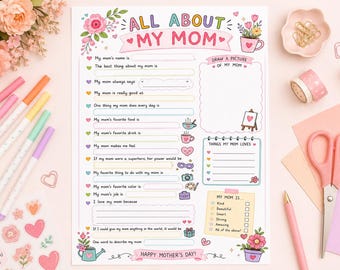 All About Mama Printable Coloring Page Mother's Day Questionnaires Fill In The Blank Classroom Activity Gift For Mom Printable Template