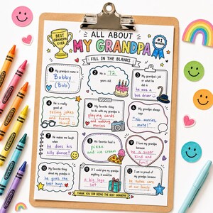 May include: A colorful, fill-in-the-blanks poster titled "All About My Grandpa" on a clipboard, with Crayola crayons and stickers. The poster includes prompts about his name, age, job, and favorite things. A fun gift for Father's Day.