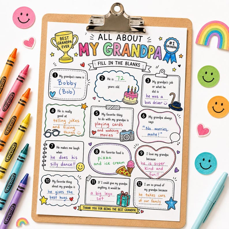 May include: A colorful, fill-in-the-blanks poster titled "All About My Grandpa" on a clipboard, with Crayola crayons and stickers. The poster includes prompts about his name, age, job, and favorite things. A fun gift for Father's Day.