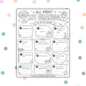 Puede incluir: Hoja de actividades en blanco y negro titulada "All About My Grandpa" con preguntas para completar. Incluye espacios para el nombre, la edad y las cosas favoritas. Decorada con estrellas, corazones y un trofeo.