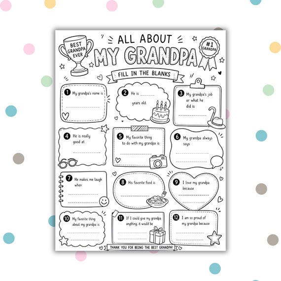 Printable All About My Grandpa, Coloring Sheet, Father’s Day Questionnaire Kids Fill In The Blanks page ,Gift For Grandpa, Grandpa Keepsake