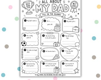 Printable Father’s Day Questionnaire, All About My Dad Coloring Sheet, Kids Fill In The Blanks page ,Gift For Dad, Father's Day Keepsake PDF