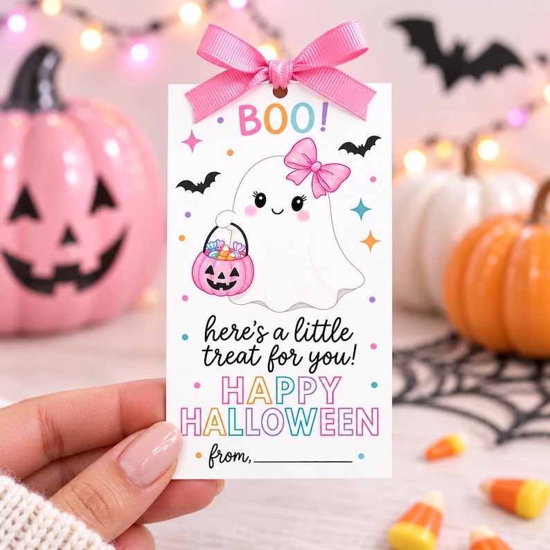 Puede incluir: Una etiqueta de regalo rectangular blanca con un lazo de cinta rosa en la parte superior. La etiqueta presenta un fantasma de dibujos animados sosteniendo un cubo de dulces de calabaza rosa, con el texto BOO!, here's a little treat for you!, HAPPY HALLOWEEN, from,.