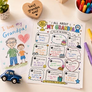 May include: A colorful, illustrated "All About My Grandpa" fill-in-the-blanks activity sheet, with a drawing of a grandpa and grandson. Includes a wooden heart that says "best grandpa ever" and a blue toy car.