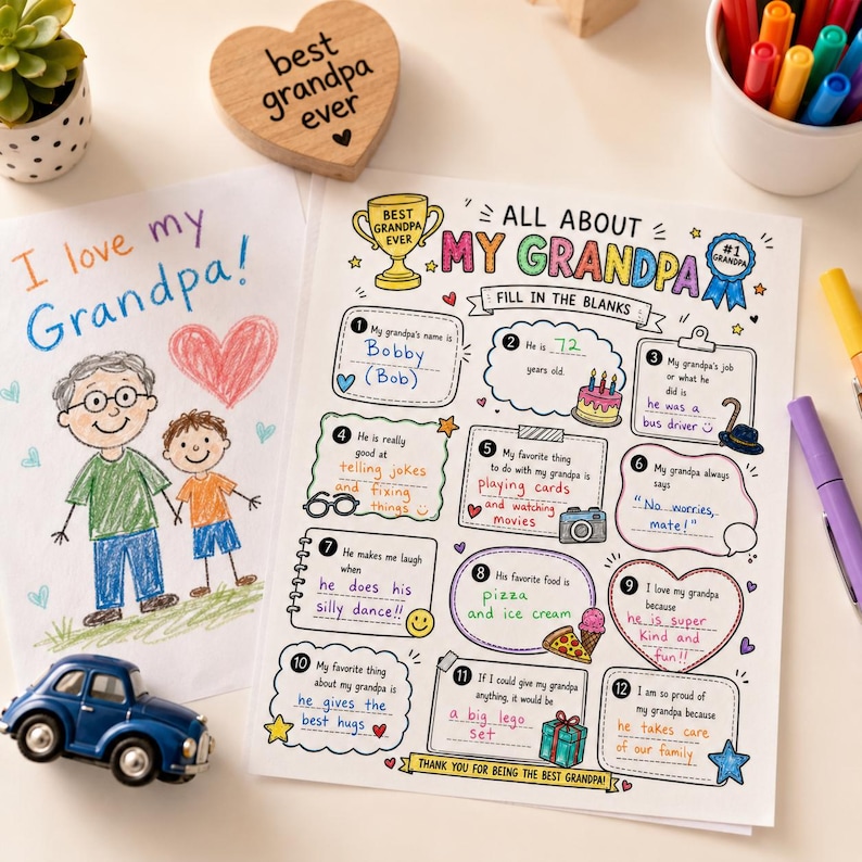 May include: A colorful, illustrated "All About My Grandpa" fill-in-the-blanks activity sheet, with a drawing of a grandpa and grandson. Includes a wooden heart that says "best grandpa ever" and a blue toy car.