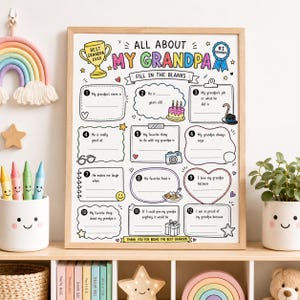 May include: A framed, fill-in-the-blanks poster titled "All About My Grandpa." The design features colorful text and illustrations, including a trophy, cake, and camera. It's a personalized gift for Father's Day or a birthday.