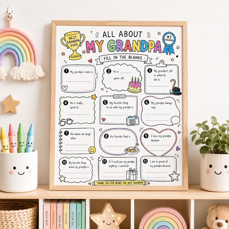 May include: A framed, fill-in-the-blanks poster titled "All About My Grandpa." The design features colorful text and illustrations, including a trophy, cake, and camera. It's a personalized gift for Father's Day or a birthday.