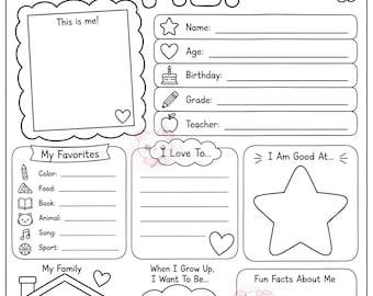 All About Me Worksheet Printable | First Day of School Activity | Preschool Kindergarten Icebreaker | Black White PDF Get to Know | Digital