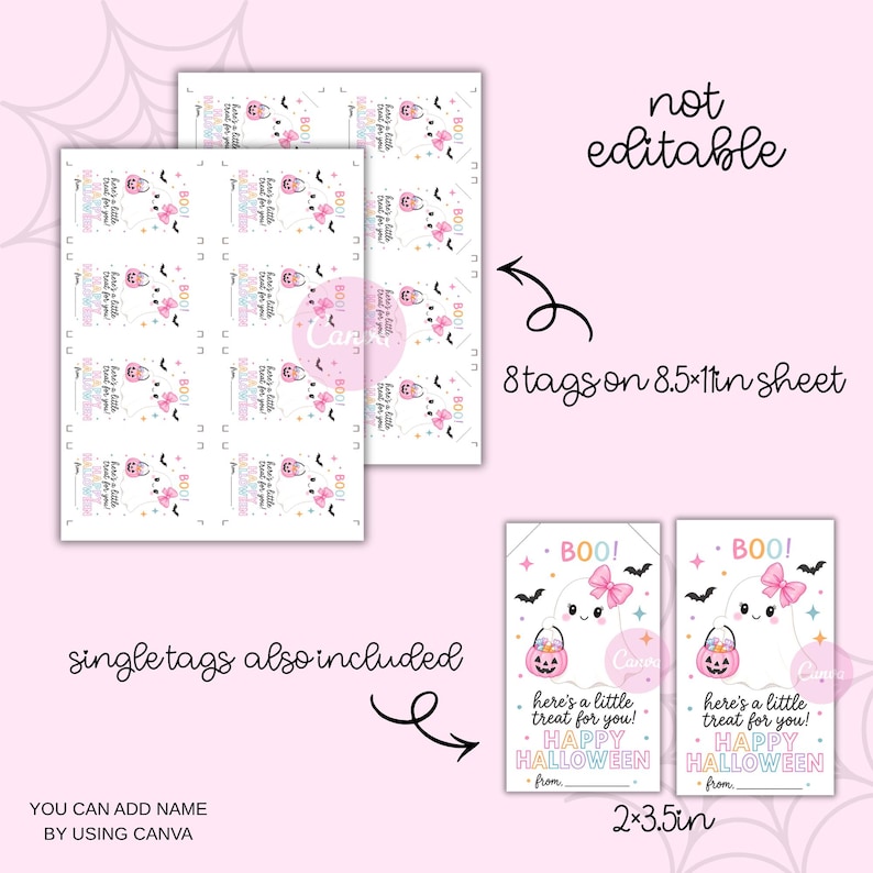 Puede incluir: Una hoja digital imprimible con 8 etiquetas de regalo de Halloween en una p&aacute;gina de 8.5x11 pulgadas, junto a dos etiquetas individuales de 2x3.5 pulgadas. Cada etiqueta muestra un fantasma blanco con lazo rosa, cubo de calabaza rosa, murci&eacute;lagos y el texto BOO! here's a little treat for you! HAPPY HALLOWEEN.