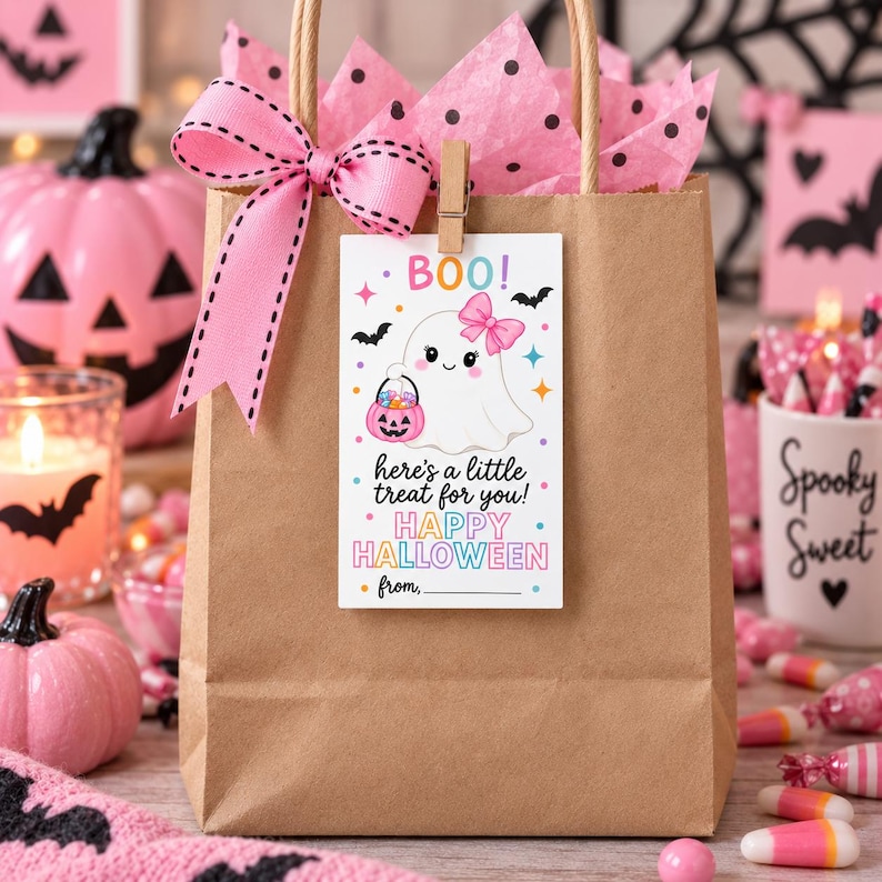 Puede incluir: Una bolsa de regalo de papel marr&oacute;n con papel de seda de lunares rosas y un lazo rosa. Una etiqueta blanca rectangular est&aacute; sujeta con una pinza de madera, mostrando un fantasma, un cubo de calabaza rosa y el texto: BOO! here's a little treat for you! HAPPY HALLOWEEN from,.