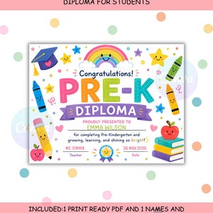 Könnte beinhalten: Ein farbenfrohes Pre-K-Diplom mit Regenbogen, Sternen und Buntstiften. Das Diplom lautet "Herzlichen Glückwunsch! PRE-K DIPLOM" und enthält Platz für den Namen des Schülers, des Lehrers und das Datum. Der Text "DIPLOM FÜR STUDENTEN" steht oben.