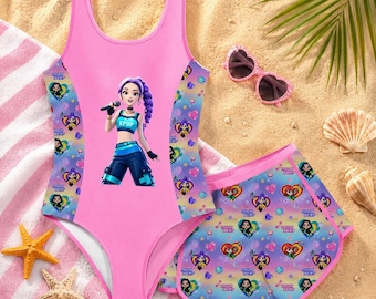 Conjunto de traje de baño K-Pop para niñas con estampado de dibujos animados, traje de baño de playa con pareo.