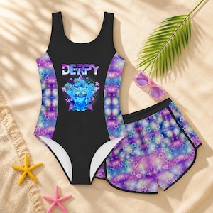 Girls Blue Cat Print Swimsuit Set With Shorts, Gradient Star Summer Swimwear