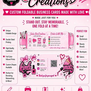 May include: Pink and white custom foldable business card design with the text "Jules Creations". The card features a unique foldable design, double-sided printing, and custom shapes. Perfect for small businesses and beauty brands.