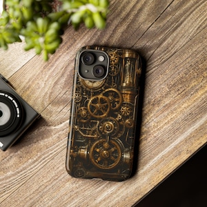 May include: A smartphone case featuring a detailed, dark-toned mechanical design with various interconnected brass-colored gears, cogs, and metallic components layered over a dark background, creating a complex, industrial, and intricate visual pattern.