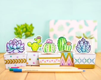 Printable Coloring Cactus and Succulents Mini Treat Boxes, DIY Cactus Theme Party Favors, Macaroon Boxes, Adult Coloring