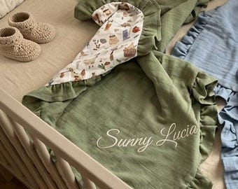 Personalized Muslin Baby Blanket, Embroidered Name, Farm Green Cotton, Ruffled Trim, Newborn Gift,