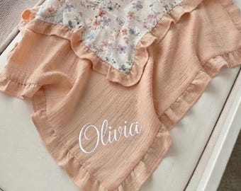 Personalized Muslin Baby Blanket, Embroidered Name, Flowers Salmon Cotton, Ruffled Trim, Newborn Gift,