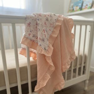 Personalized Muslin Baby Blanket, Embroidered Name, Farm Blue Cotton, Ruffled Trim, Newborn Gift, image 16