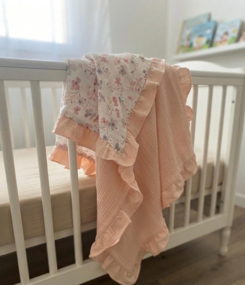 Personalized Muslin Baby Blanket, Embroidered Name, Farm Blue Cotton, Ruffled Trim, Newborn Gift, image 16